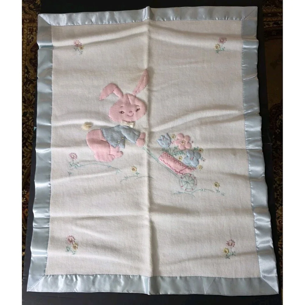 Vtg Hand Made Baby Blanket Bunny Rabbit Flower Satin Trim Applique Pink Blue